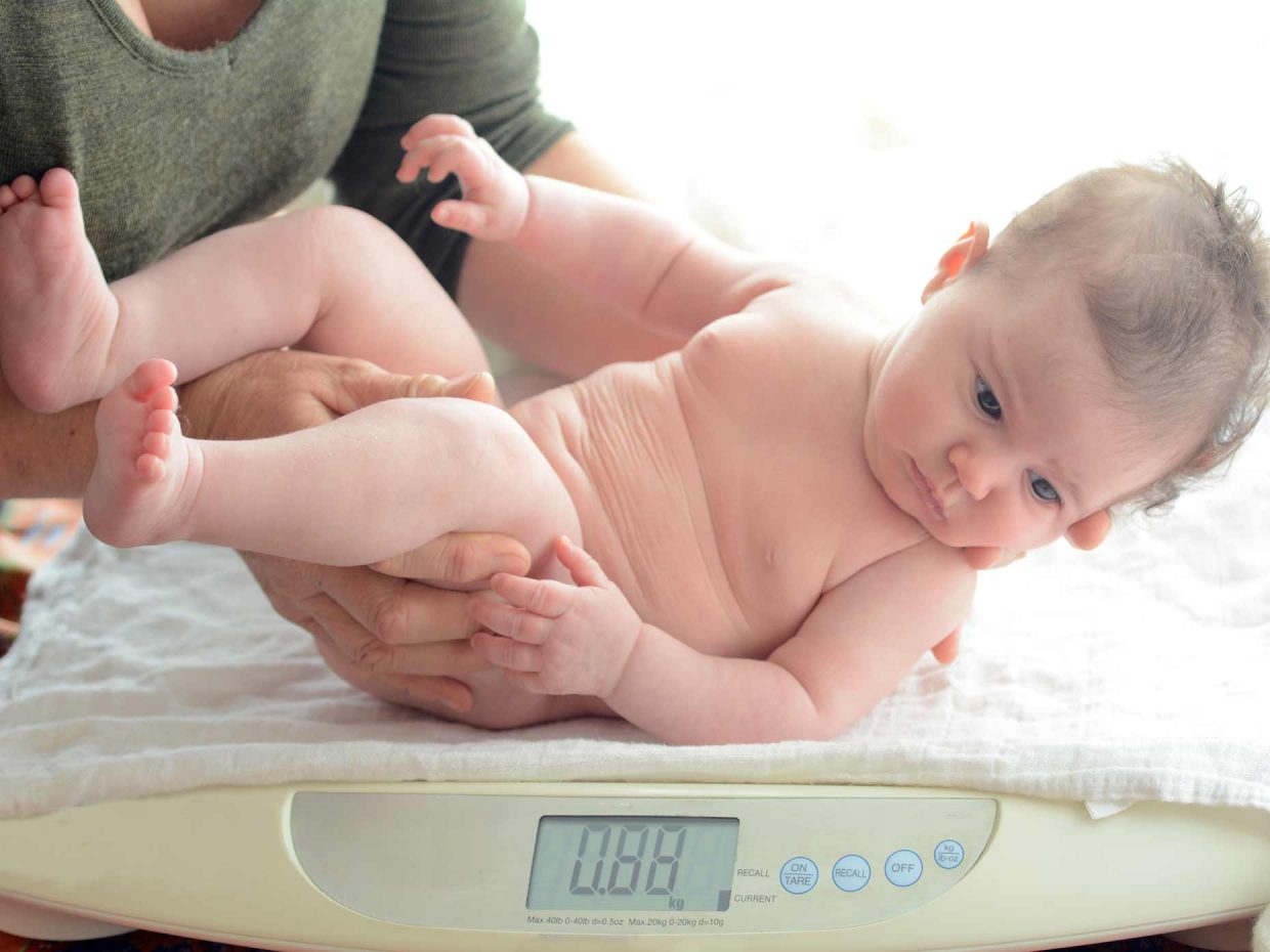 neonato viene pesato con la bilancia elettronica